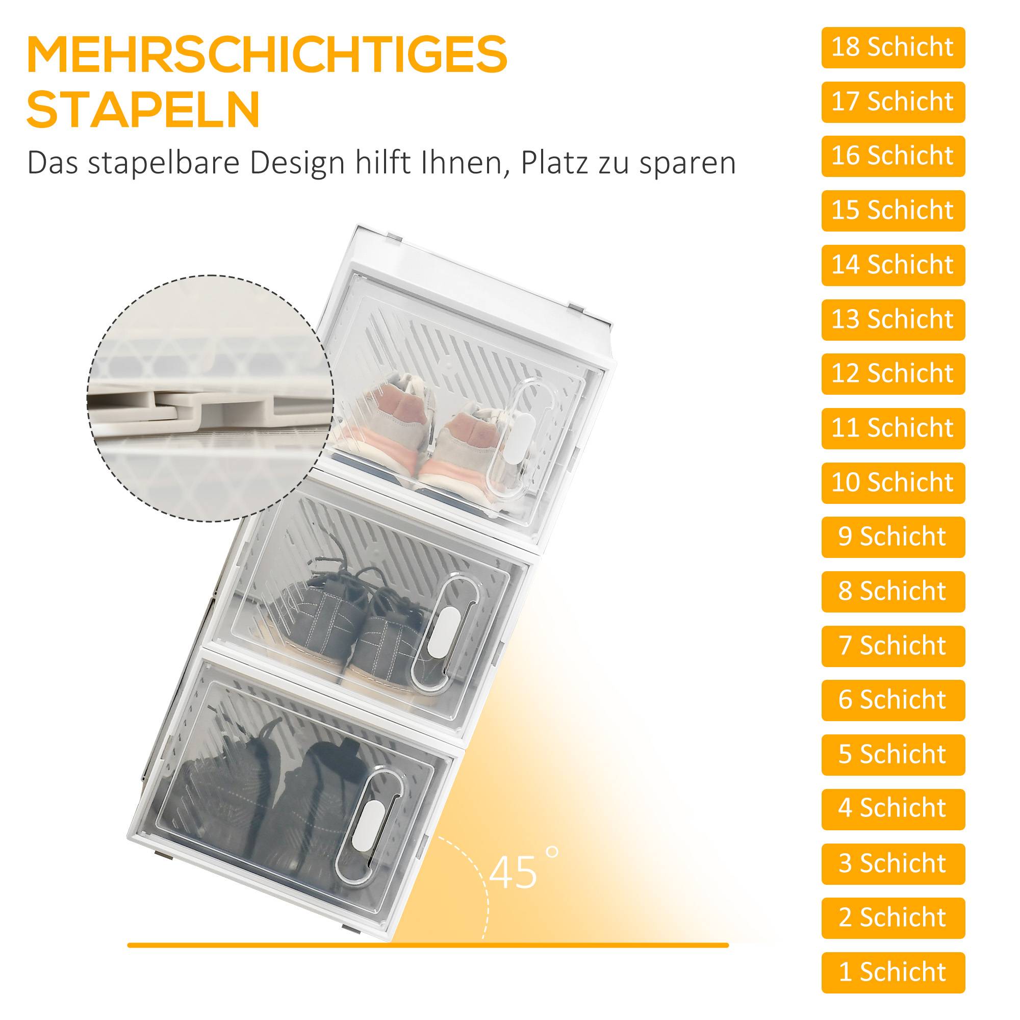 Lot de 18 boîtes à chaussures empilables jusqu’à pointure 45, portes magnétiques, plastique, 28x36x21 cm - Image 6