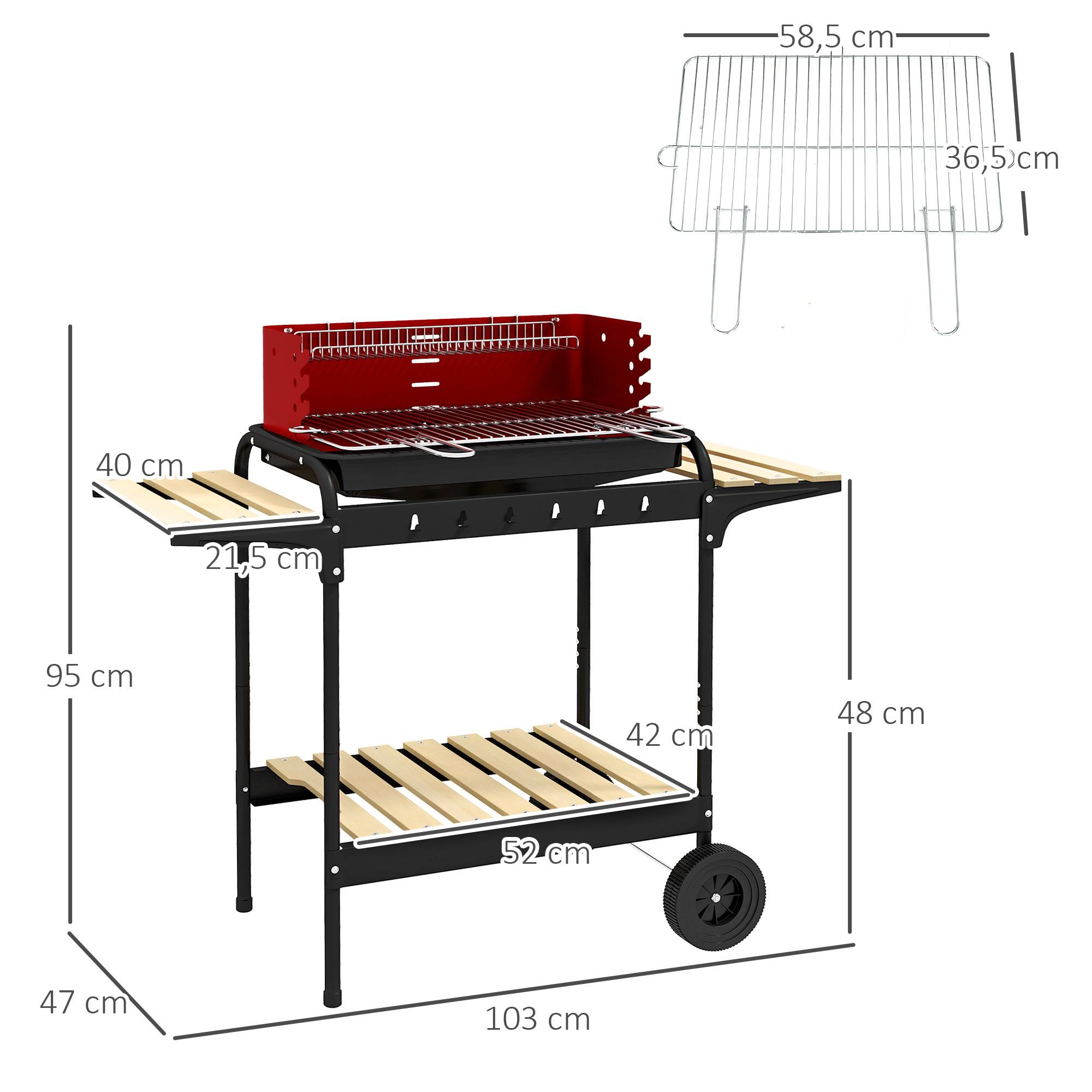 Sans Marque - Barbecue au charbon de bois sur roulettes, grille réglable en hauteur, étagères et 6 crochets, 103 x 47 x 95 cm, rouge et noir - Image 5