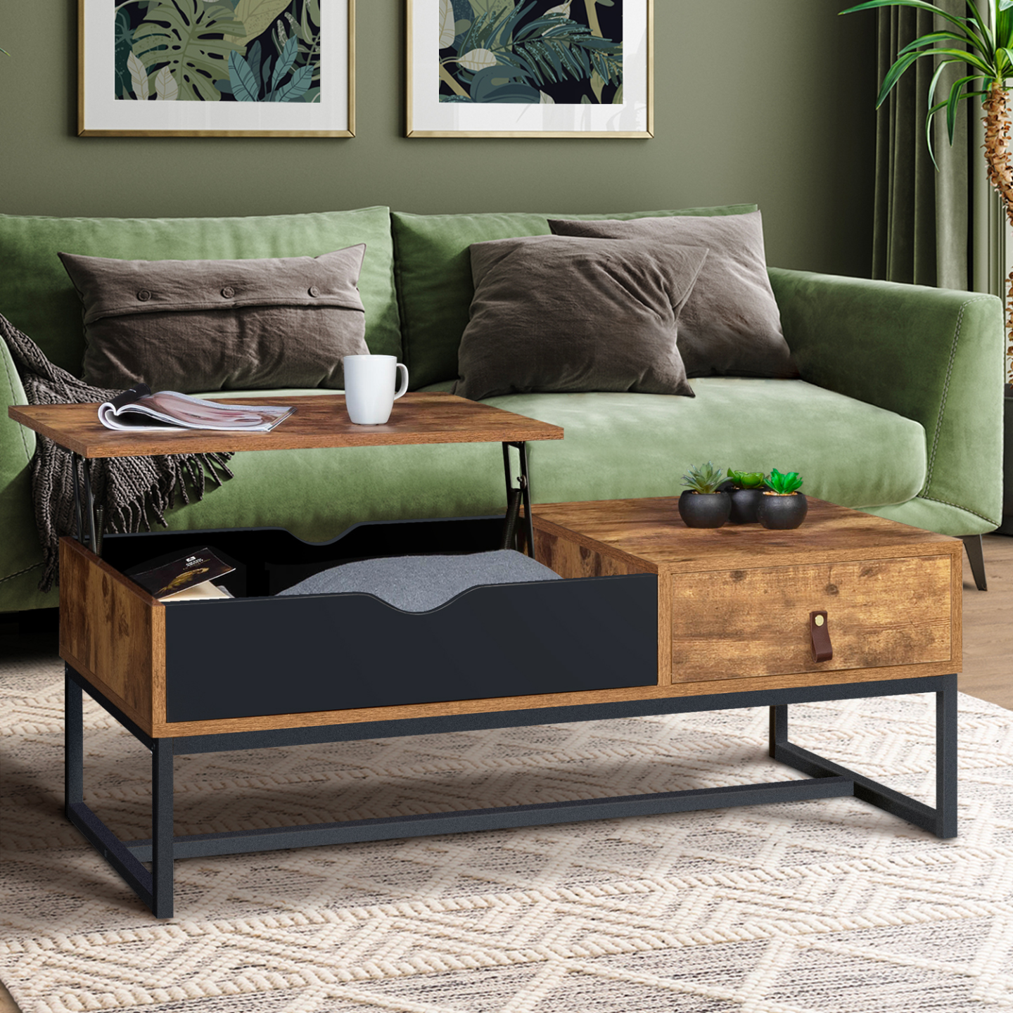 Table basse plateau relevable rectangulaire CHICAGO 1 tiroir design industriel - Image 1