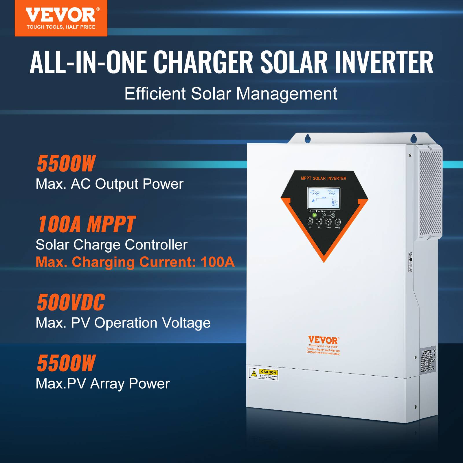 VEVOR Onduleur hybride 5500W, 230V, contrôleur solaire MPPT 100A intégré, charge hybride/hors réseau. - Image 2