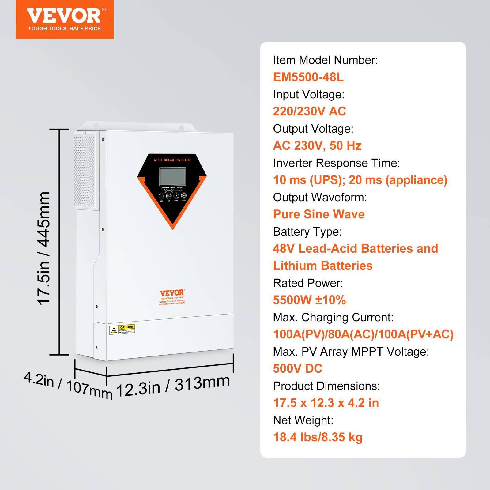 VEVOR Onduleur hybride 5500W, 230V, contrôleur solaire MPPT 100A intégré, charge hybride/hors réseau. - Image 7