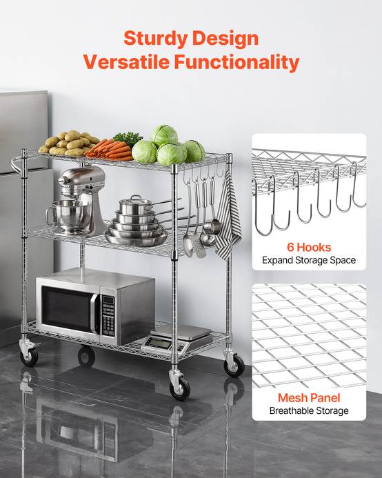 VEVOR Chariot de Rangement Desserte à Roulettes 3 Niveaux 89x45,3x104 cm Cuisine - Image 6