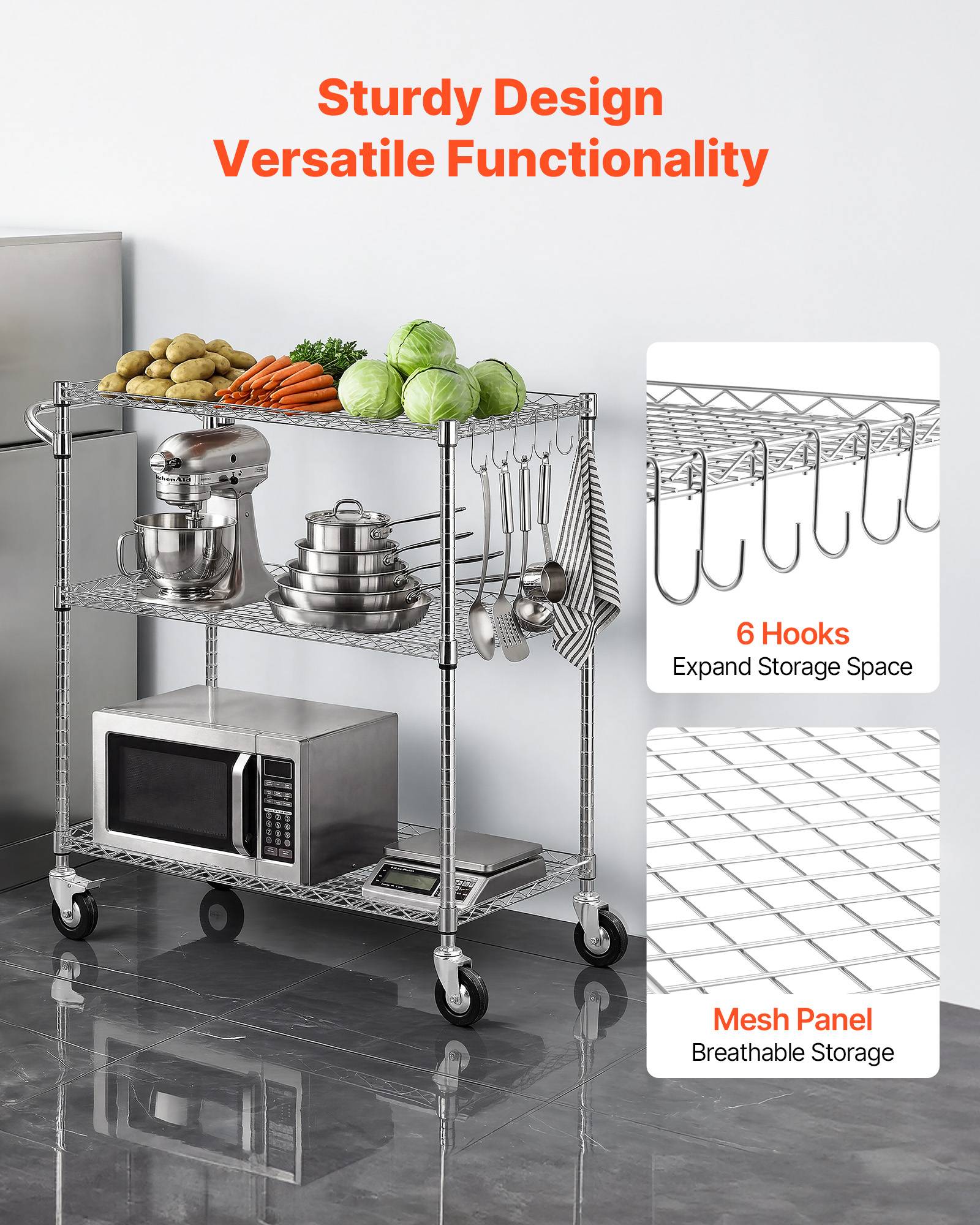 VEVOR Chariot de Rangement Desserte à Roulettes 3 Niveaux 89x45,3x104 cm Cuisine - Image 6