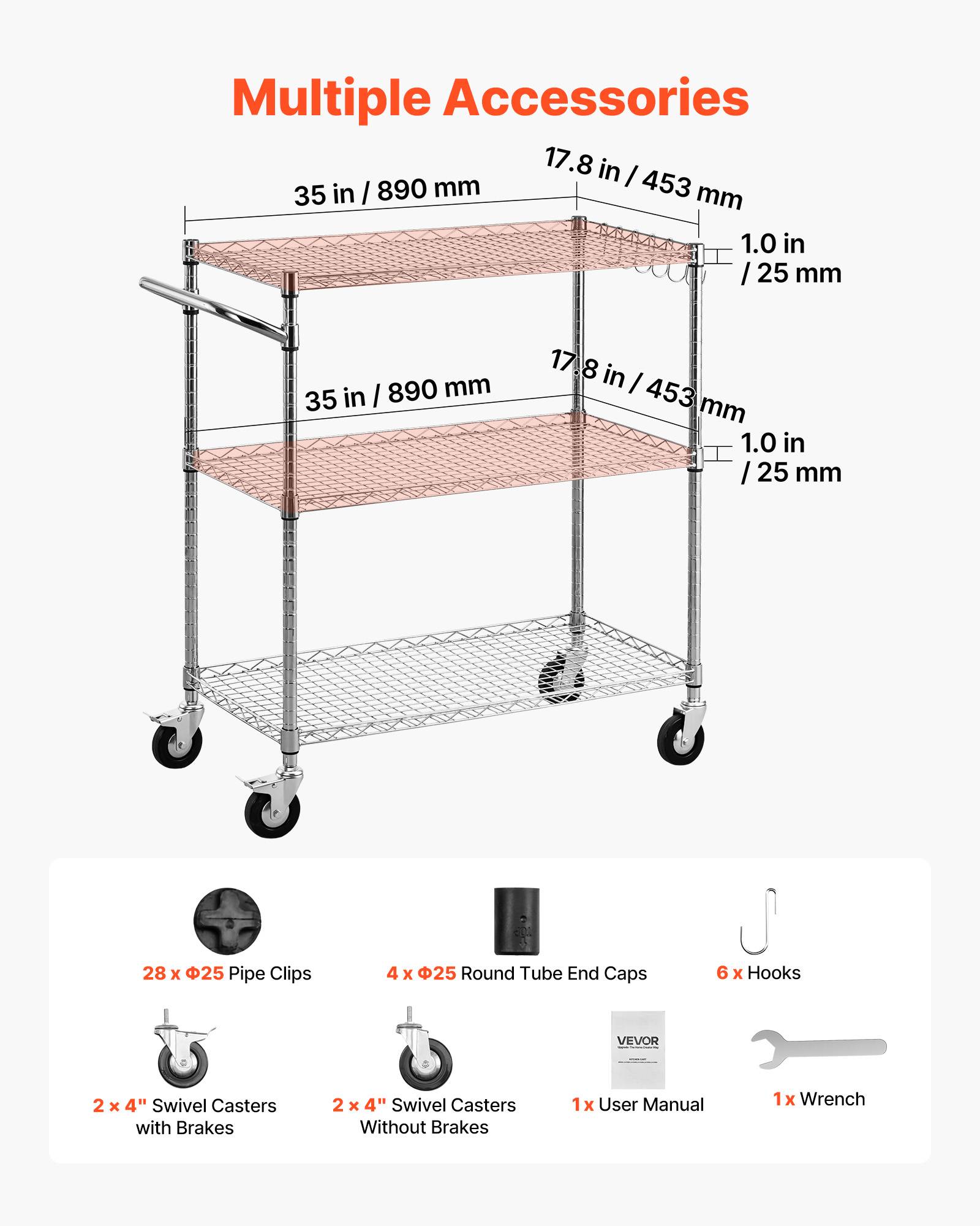 VEVOR Chariot de Rangement Desserte à Roulettes 3 Niveaux 89x45,3x104 cm Cuisine - Image 5