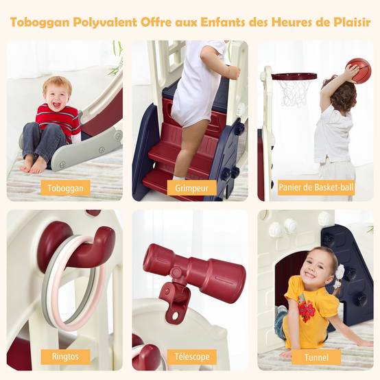 Toboggan 6 en 1 pour Enfant - Glisse de 140 CM - avec Panier de Basket, Escalade, Bleu - Image 5