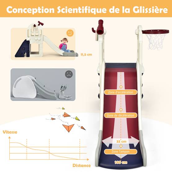 Toboggan 6 en 1 pour Enfant - Glisse de 140 CM - avec Panier de Basket, Escalade, Bleu - Image 7