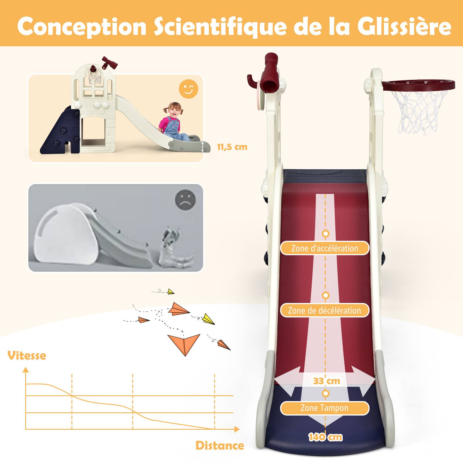 Toboggan 6 en 1 pour Enfant - Glisse de 140 CM - avec Panier de Basket, Escalade, Bleu - Image 7