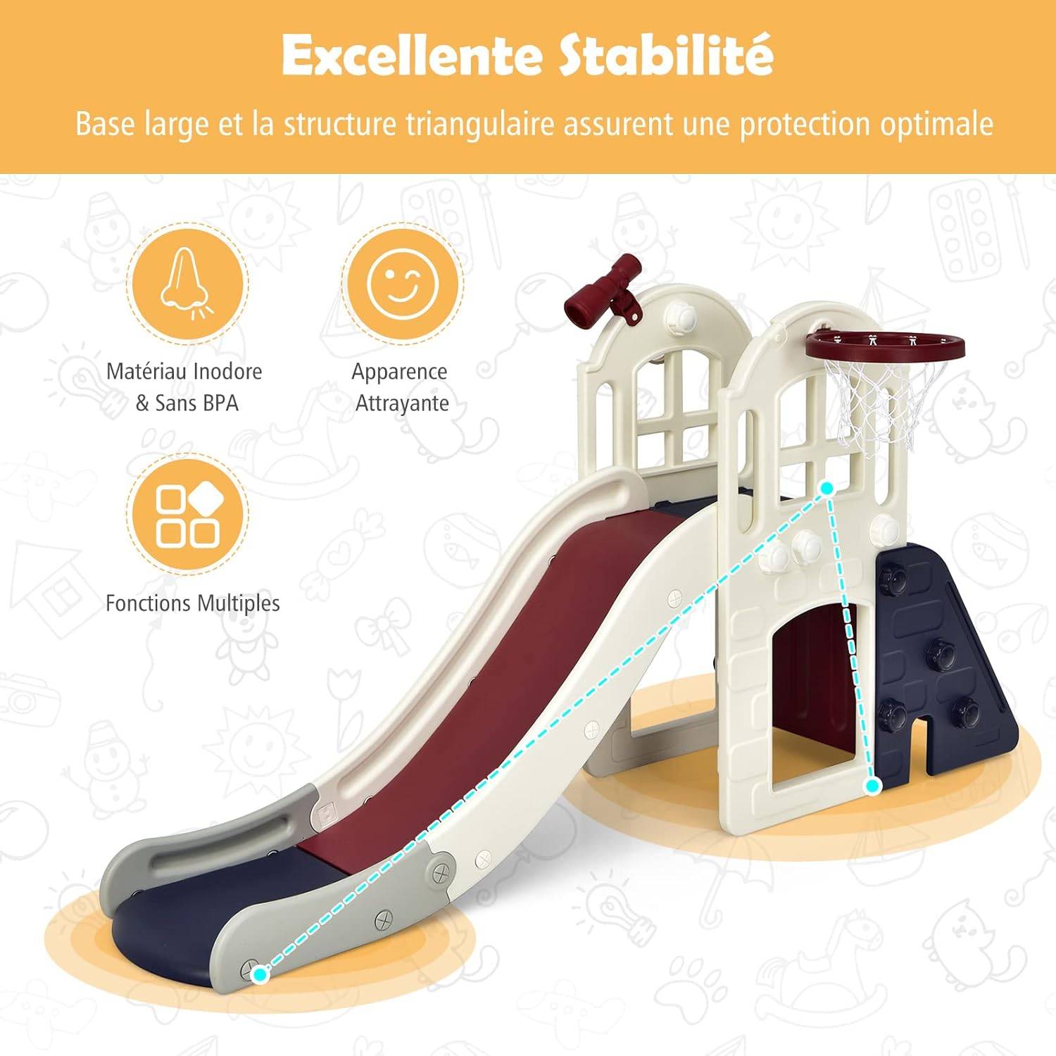 Toboggan 6 en 1 pour Enfant - Glisse de 140 CM - avec Panier de Basket, Escalade, Bleu - Image 4