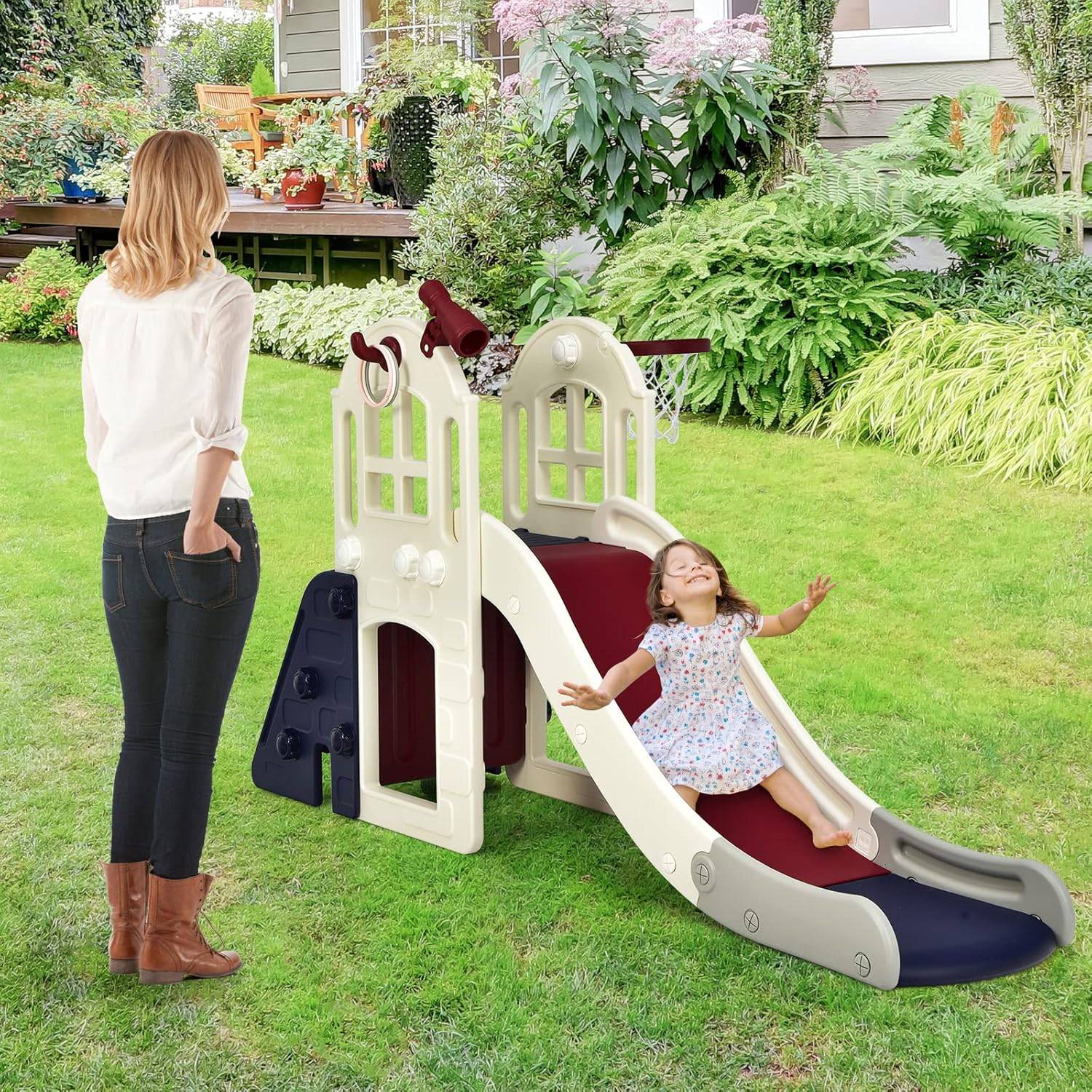 Toboggan 6 en 1 pour Enfant - Glisse de 140 CM - avec Panier de Basket, Escalade, Bleu - Image 9