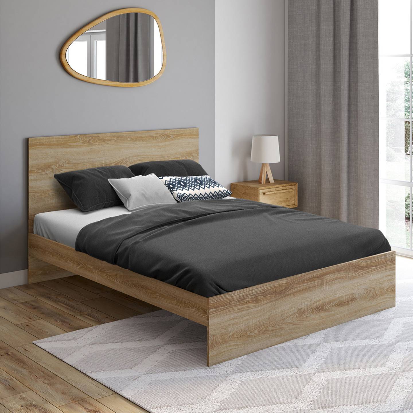 Lit double OMAHA avec tête de lit et sommier 140 x 190 cm façon hêtre - Image 1