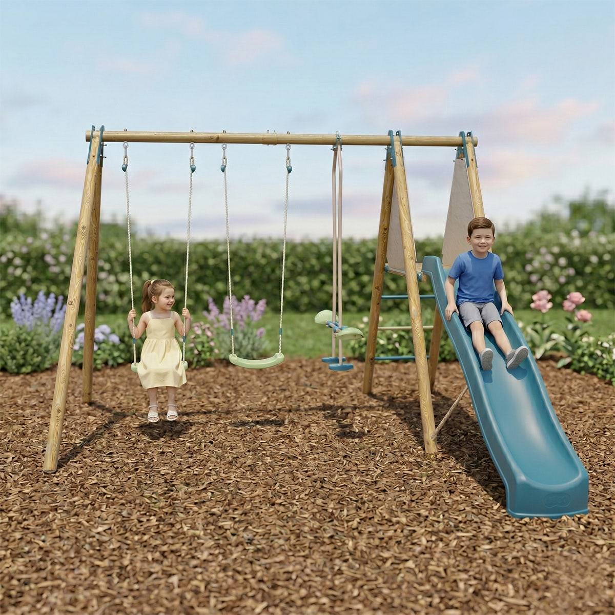 Balançoire bois Techwood Optima 2 2,30 m avec toboggan – Trigano - Image 2
