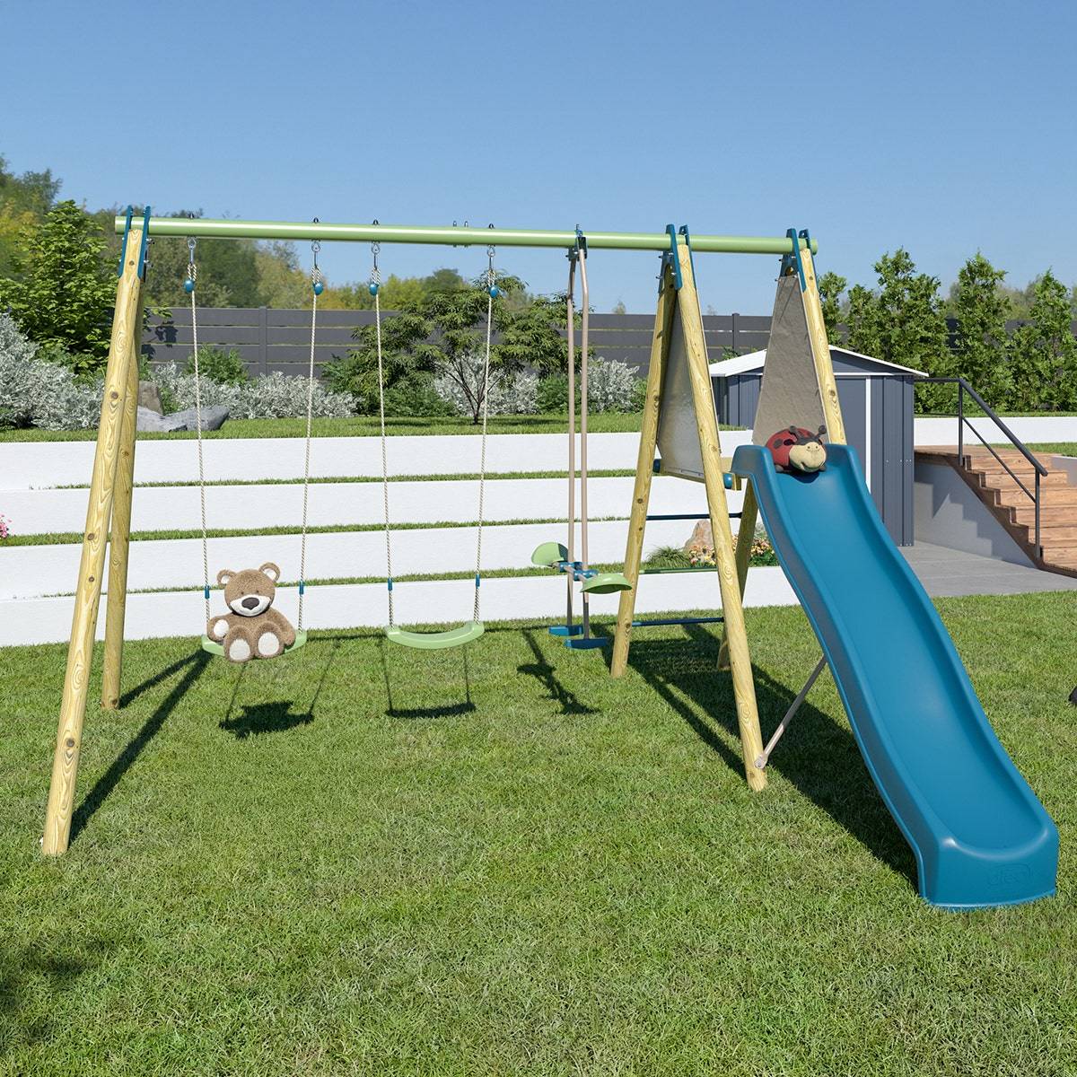 Balançoire bois Techwood Optima 2 2,30 m avec toboggan – Trigano - Image 8