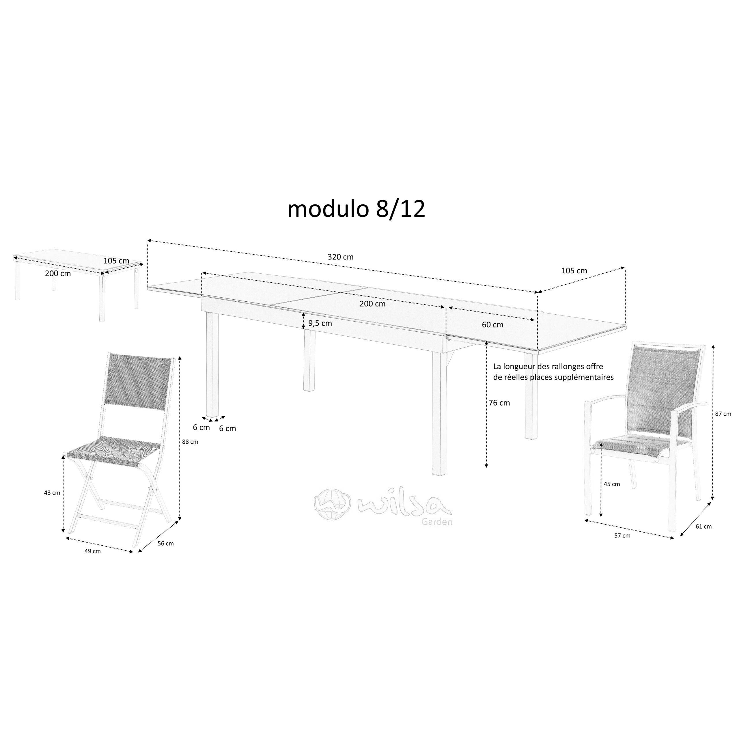 Wilsa Garden - Ensemble MODULO 8/12p en aluminium blanc et verre trempé gris perle avec 8 fauteuils et 4 chaises pliantes - Image 6