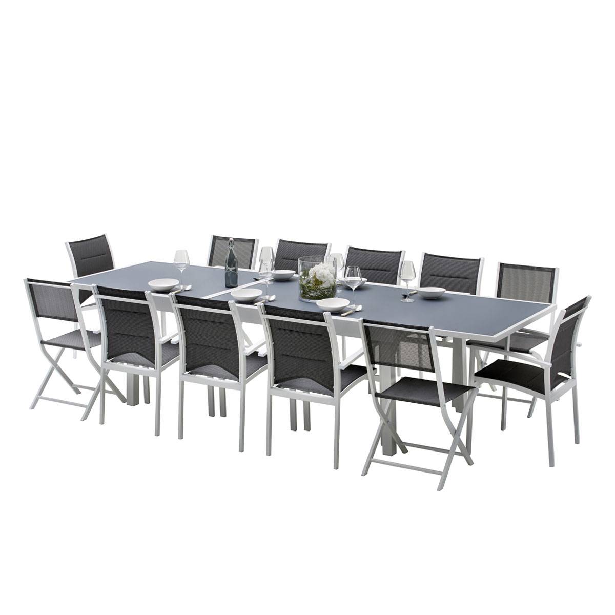 Wilsa Garden - Ensemble MODULO 8/12p en aluminium blanc et verre trempé gris perle avec 8 fauteuils et 4 chaises pliantes - Image 1