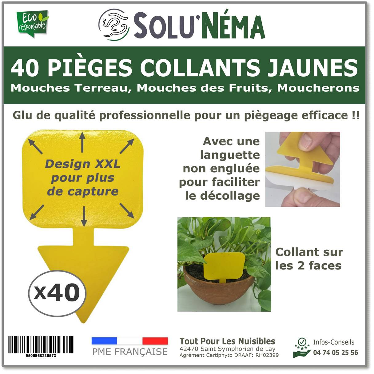 Solu'Néma - 40 Pièges Collants Jaunes pour Mouches du Terreau, Mouches des Fruits, Moucherons, Design XXL - Image 1