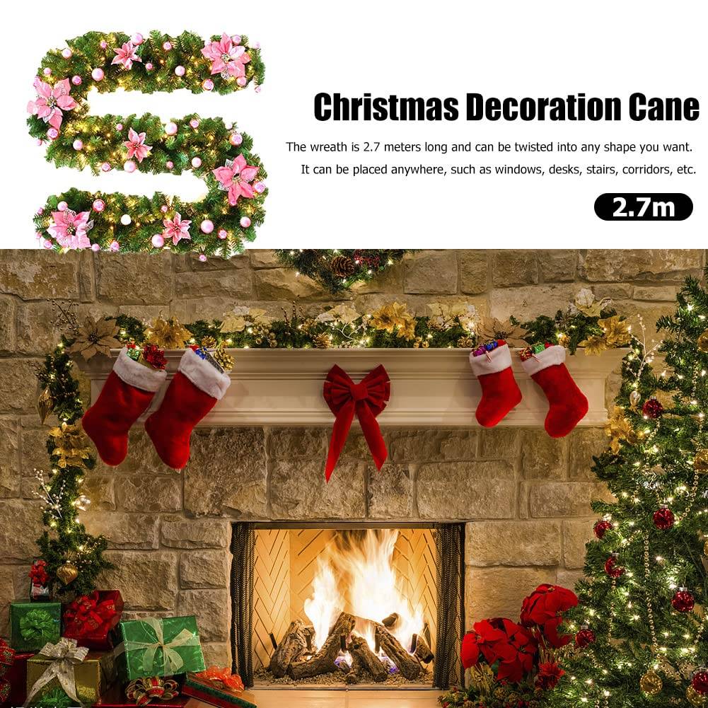 Guirlande de Noël de 2,7 m avec fleurs et boules de Noël, guirlande lumineuse LED chaude pour porte, escalier, porche (rose) - Image 5
