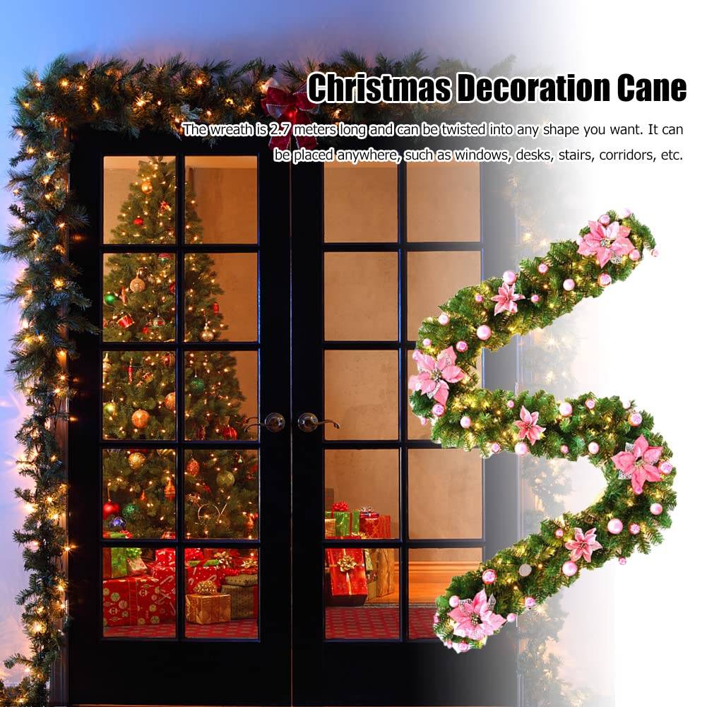 Guirlande de Noël de 2,7 m avec fleurs et boules de Noël, guirlande lumineuse LED chaude pour porte, escalier, porche (rose) - Image 6