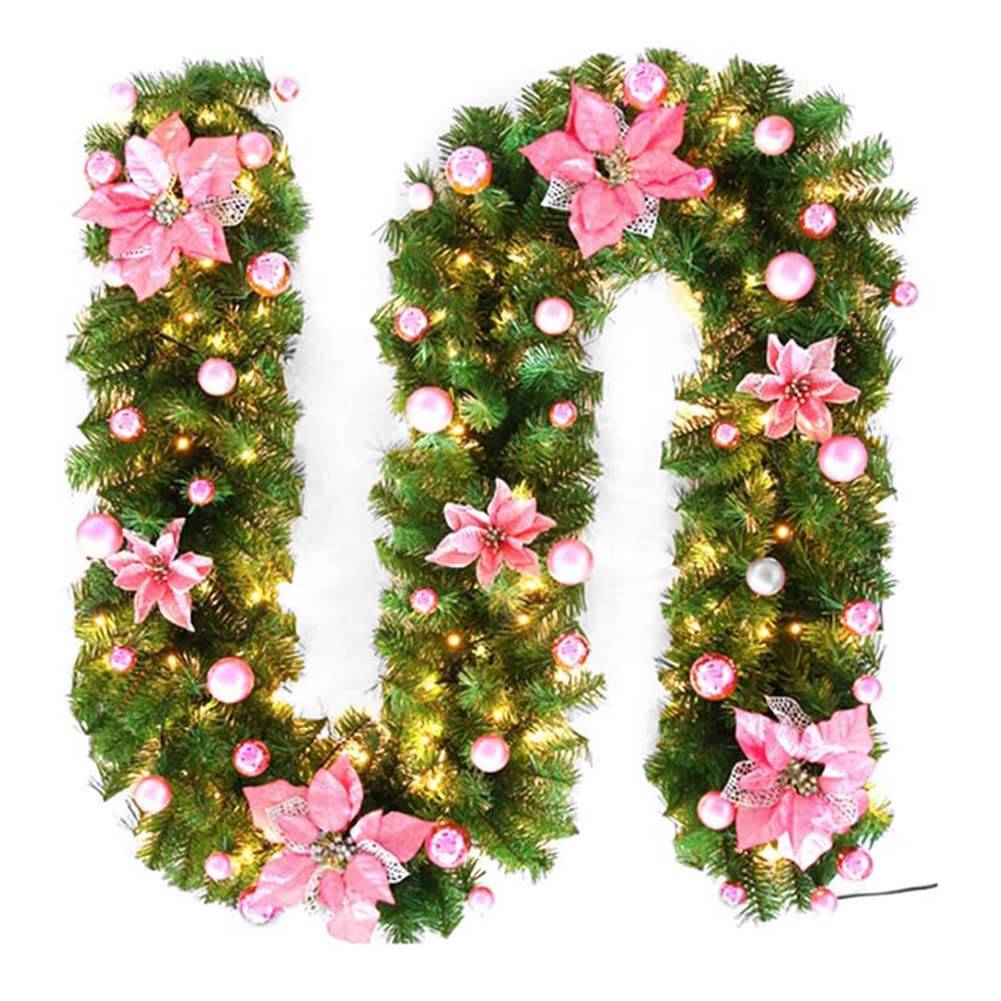 Guirlande de Noël de 2,7 m avec fleurs et boules de Noël, guirlande lumineuse LED chaude pour porte, escalier, porche (rose) - Image 1