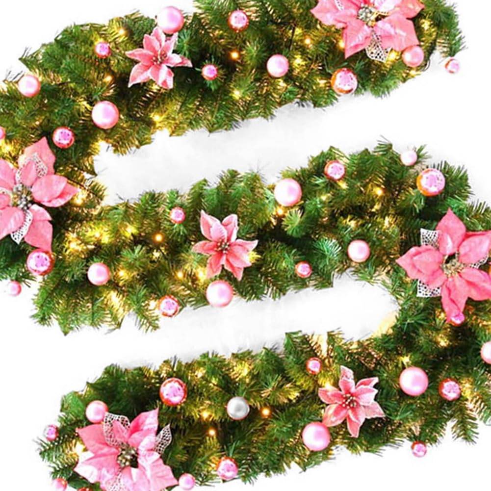Guirlande de Noël de 2,7 m avec fleurs et boules de Noël, guirlande lumineuse LED chaude pour porte, escalier, porche (rose) - Image 2