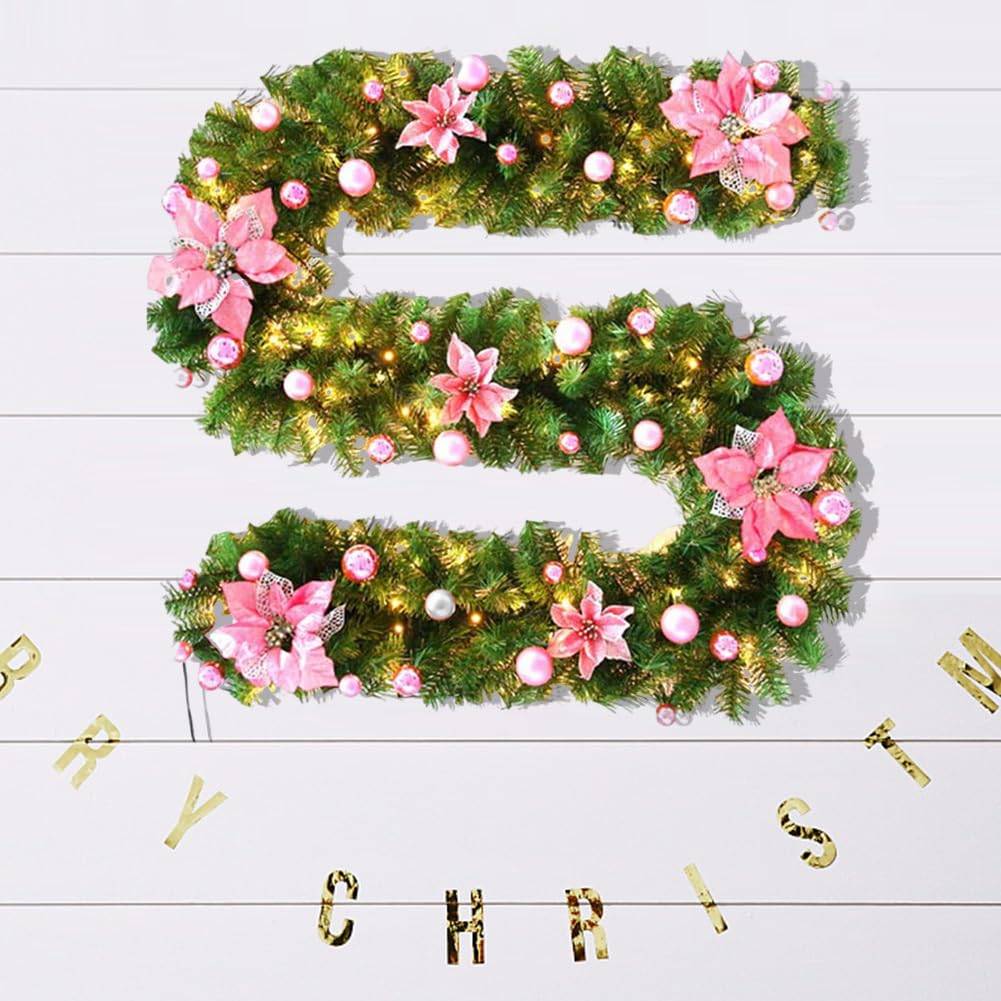 Guirlande de Noël de 2,7 m avec fleurs et boules de Noël, guirlande lumineuse LED chaude pour porte, escalier, porche (rose) - Image 7
