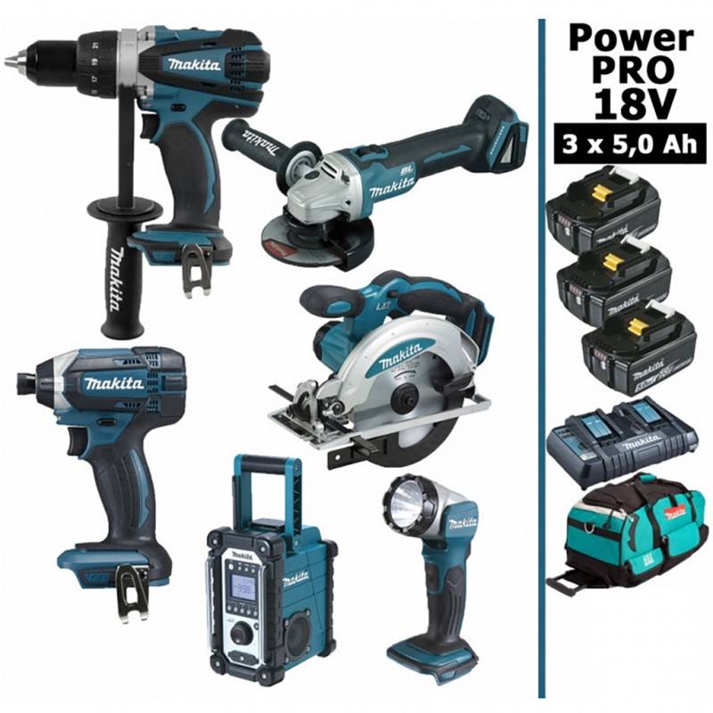 Makita - Pack Power PRO Makita 6 outils 18V: Perceuse DDF458 + Visseuse à choc DTD152 + Meuleuse DGA504 + Scie circulaire DSS610 + Radio - Image 1