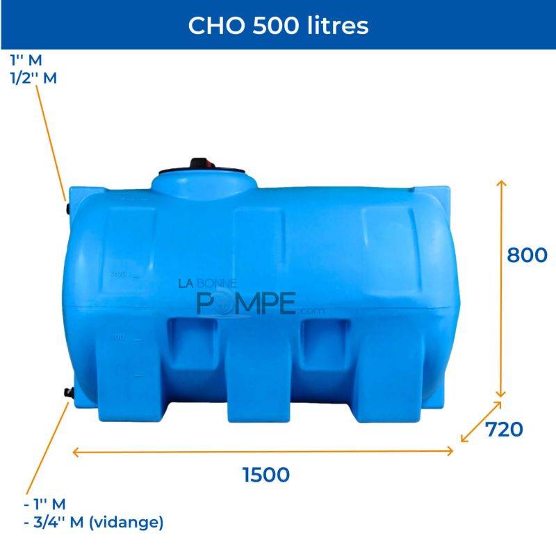 Cuve récupération eau de pluie 500L - Réservoir aérien horizontal bleu - Polyéthylène - ELBI CHO - Image 2