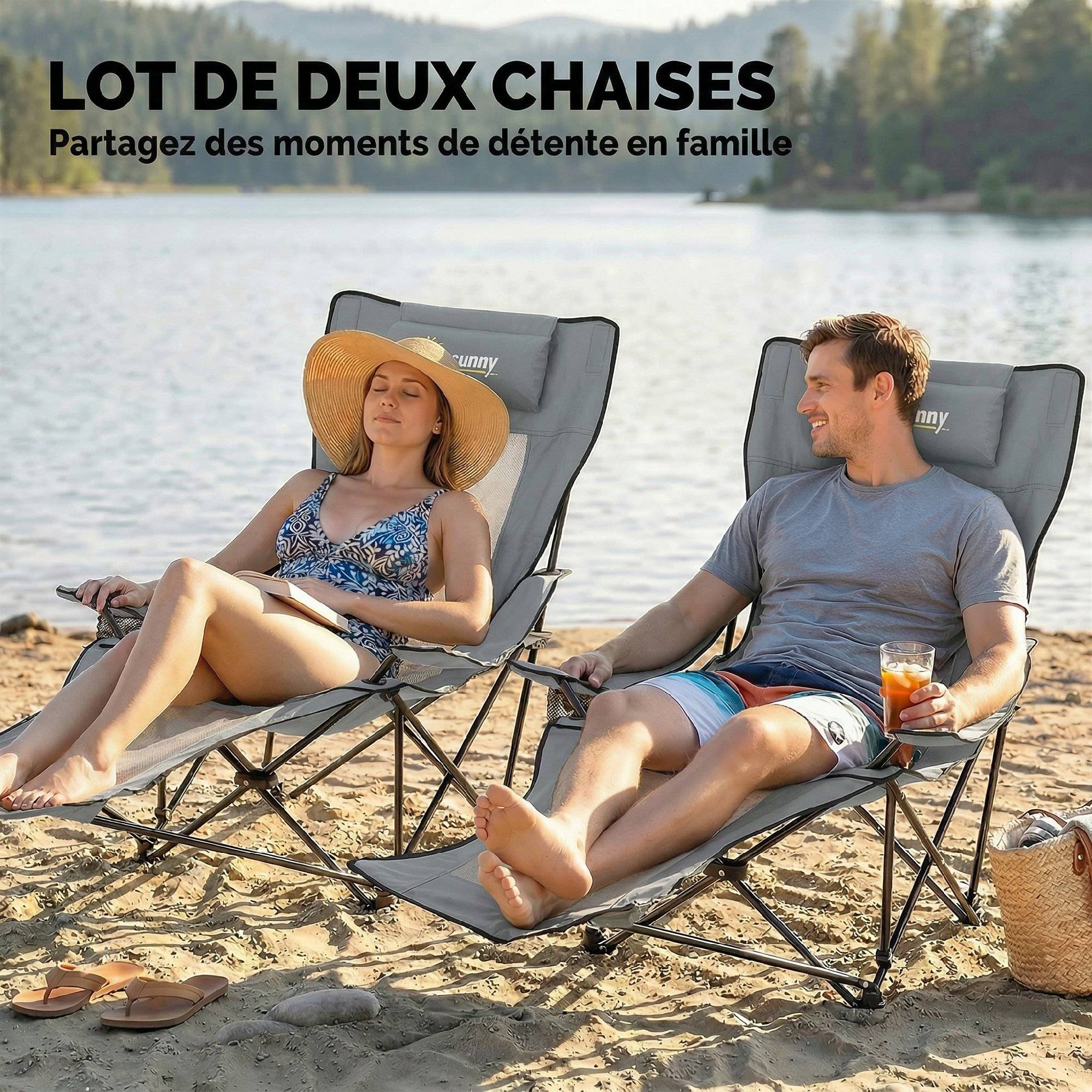 Lot de 2 chaises de camping tissu oxford gris 125 x 80 x 90 cm - PANGIVO - Image 6