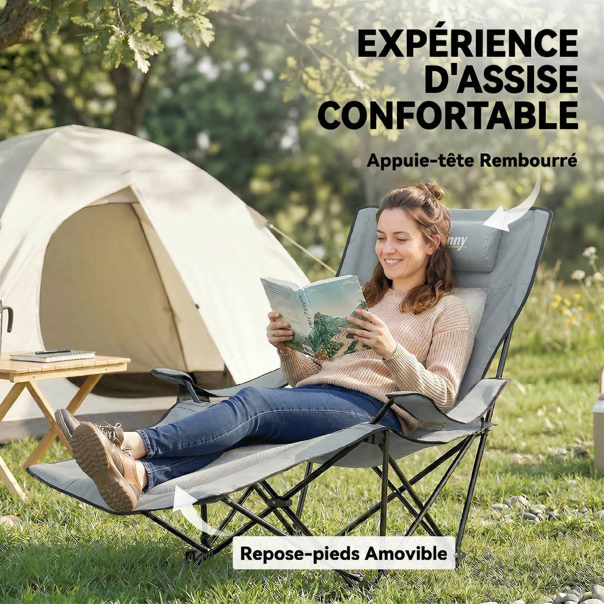 Lot de 2 chaises de camping tissu oxford gris 125 x 80 x 90 cm - PANGIVO - Image 8