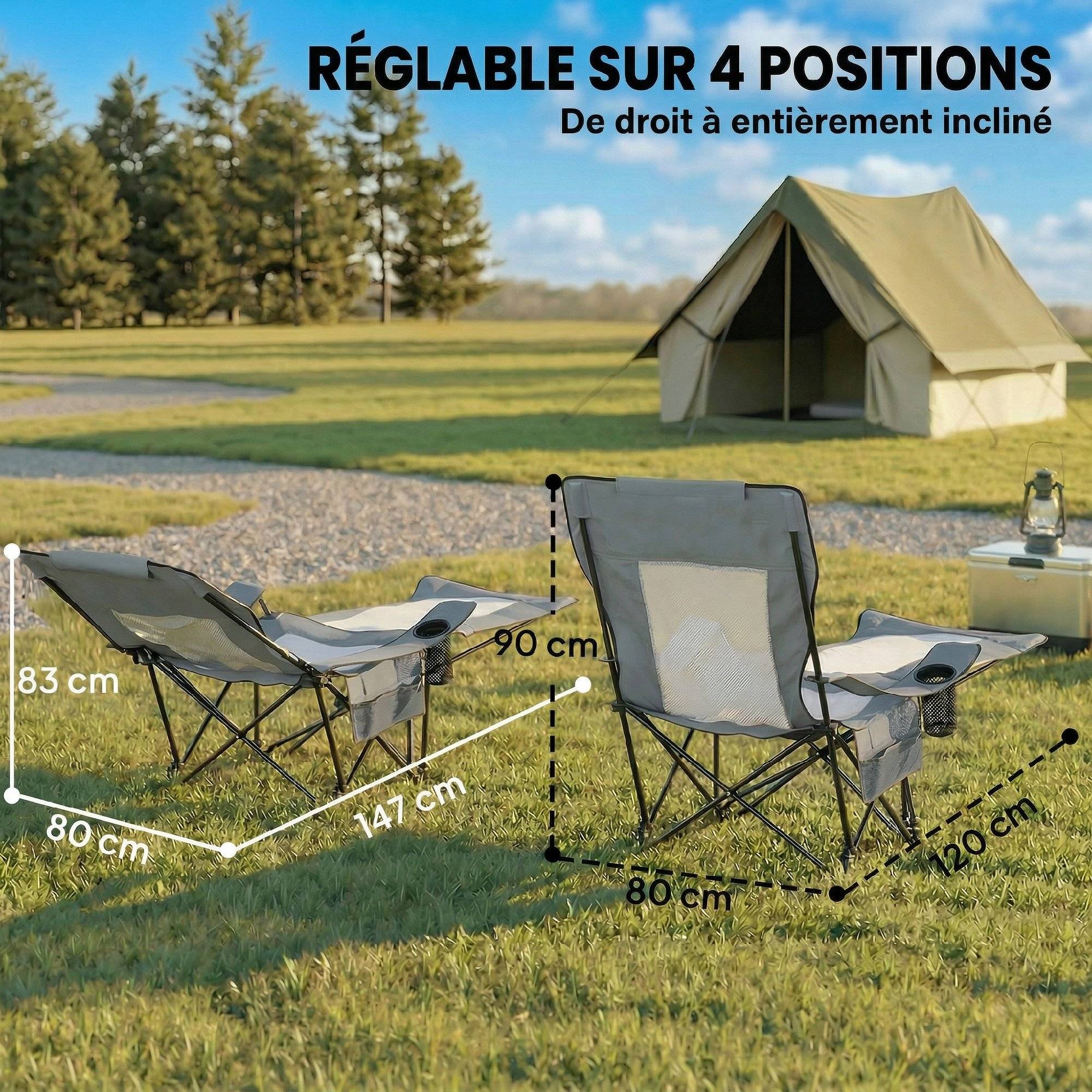 Lot de 2 chaises de camping tissu oxford gris 125 x 80 x 90 cm - PANGIVO - Image 7