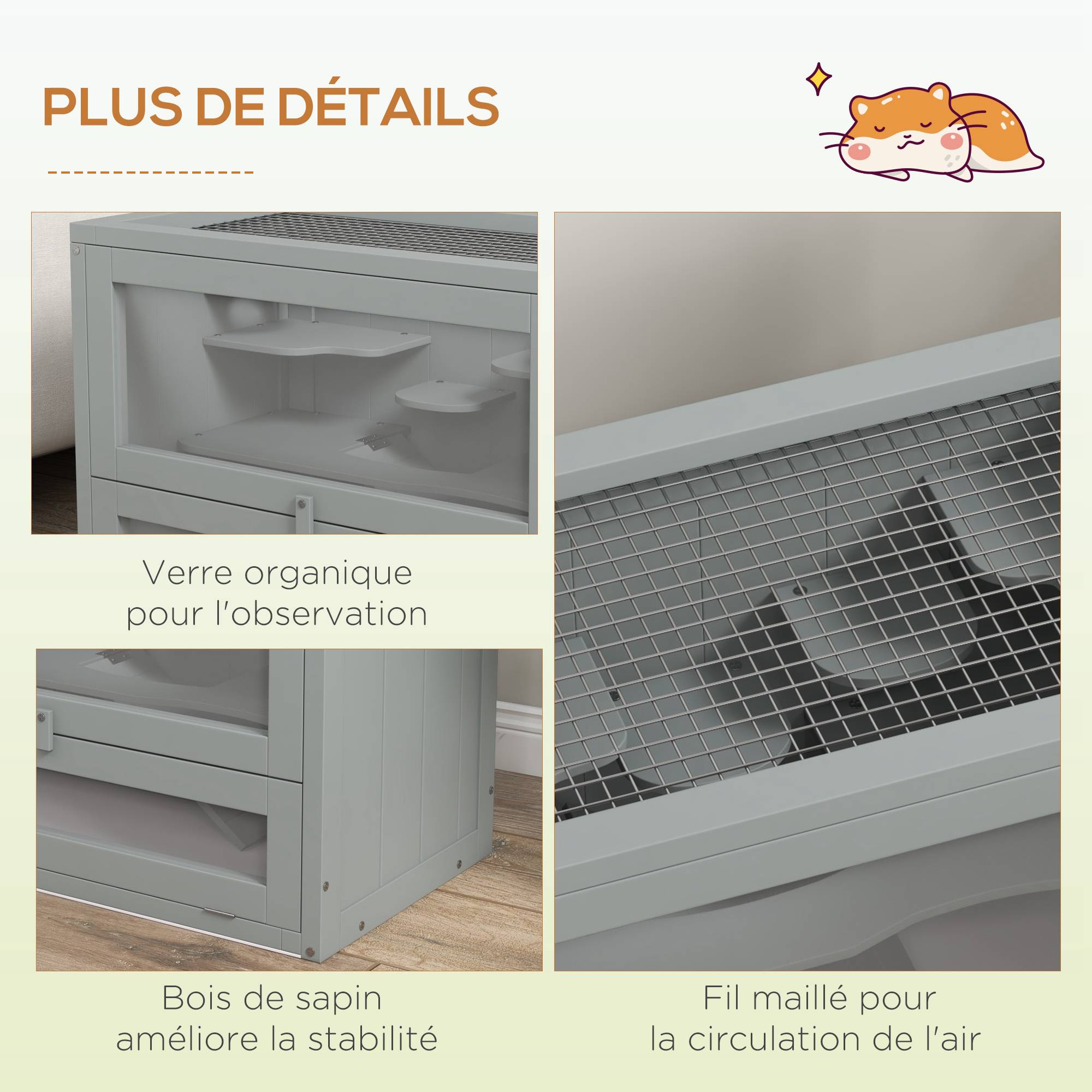 Cage hamster souris bois de sapin plateformes et toit ouvrant 60x42cm gris - ComfortXL Outdoor Living - Image 8