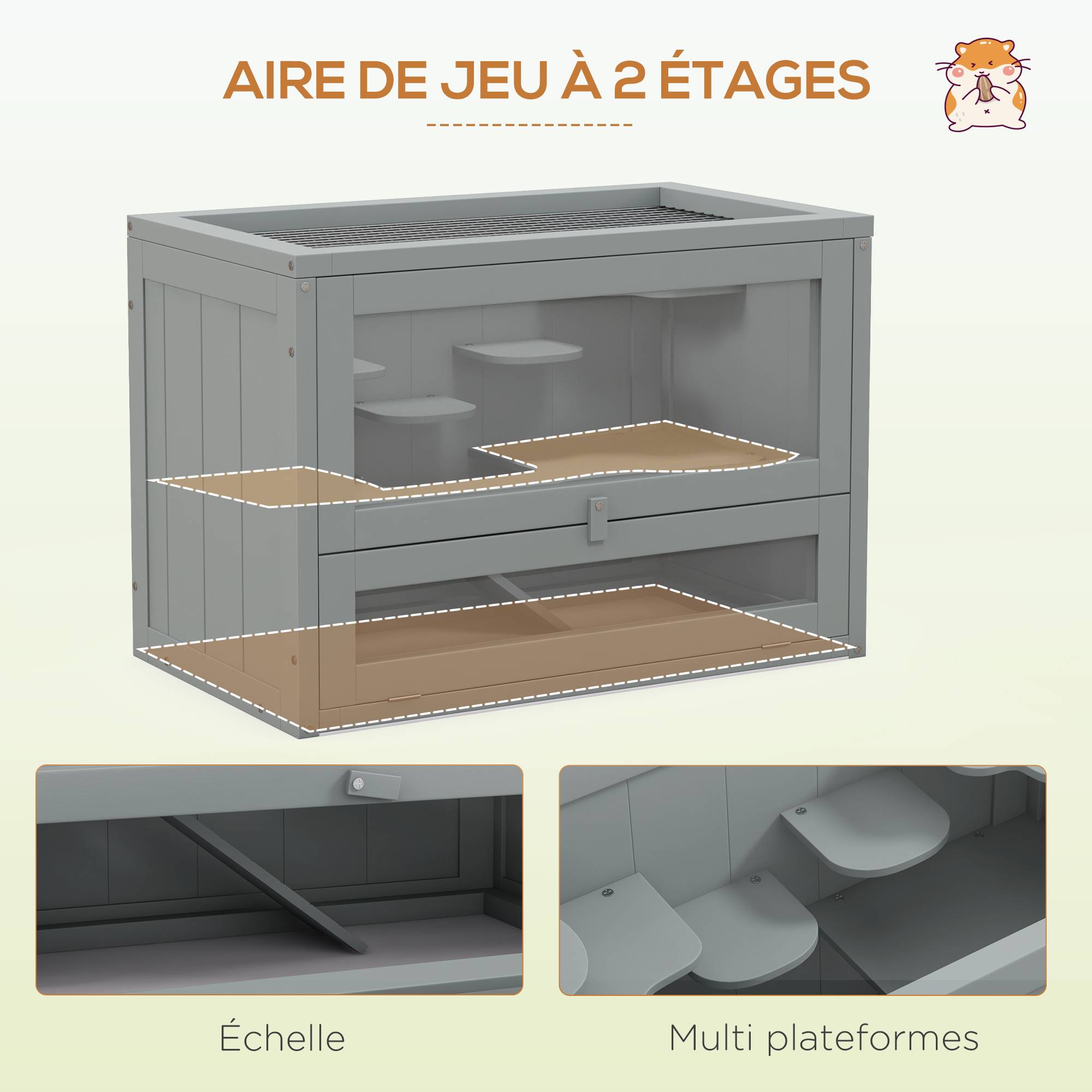 Cage hamster souris bois de sapin plateformes et toit ouvrant 60x42cm gris - ComfortXL Outdoor Living - Image 6