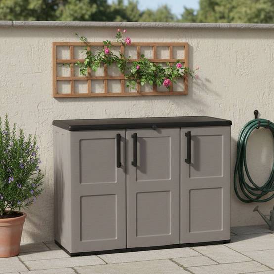 Dmora - Armoire d'extérieur Gesves, Armoire de balcon polyvalente, Armoire d'extérieur 3 portes, 102x37h84 cm, Gris et Noir, Finition à carreaux - Dmora - Image 2