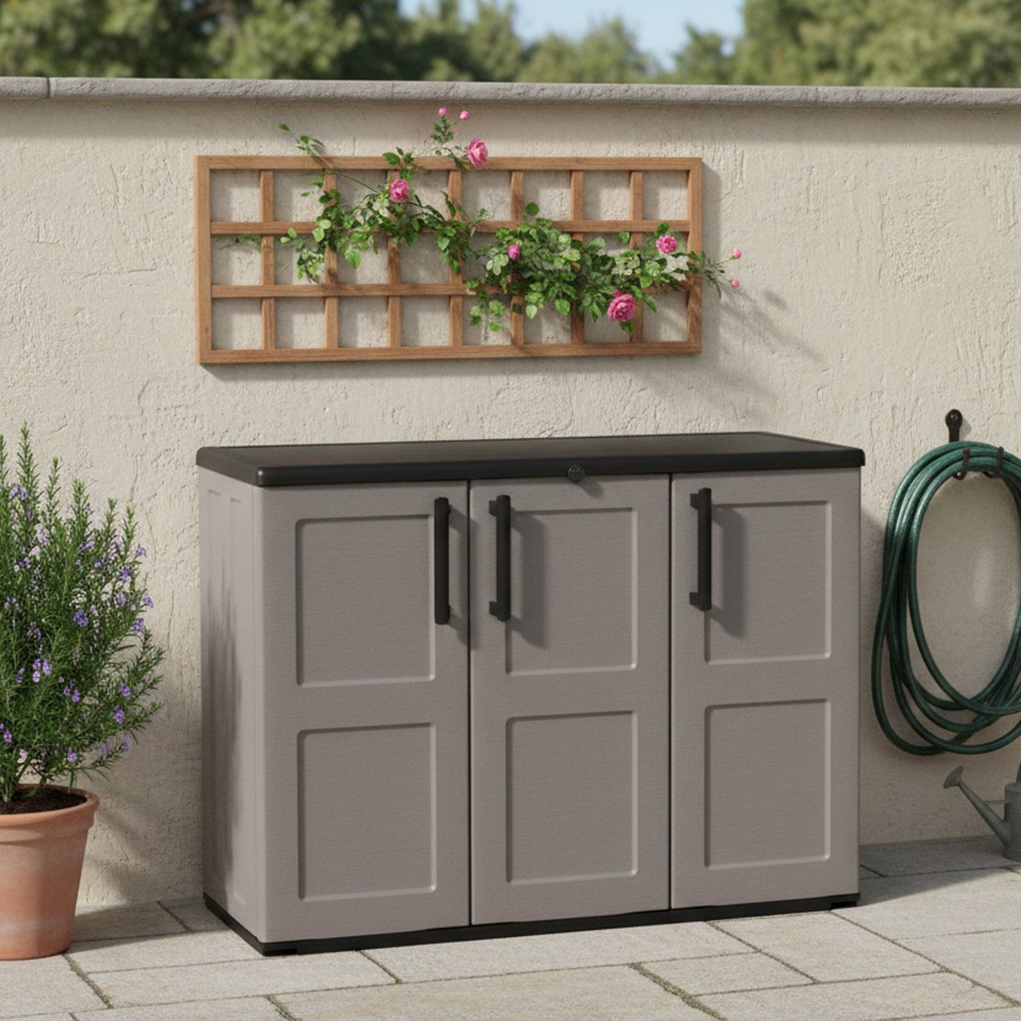 Dmora - Armoire d'extérieur Gesves, Armoire de balcon polyvalente, Armoire d'extérieur 3 portes, 102x37h84 cm, Gris et Noir, Finition à carreaux - Dmora - Image 2