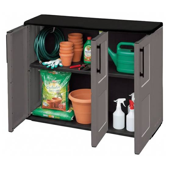 Dmora - Armoire d'extérieur Gesves, Armoire de balcon polyvalente, Armoire d'extérieur 3 portes, 102x37h84 cm, Gris et Noir, Finition à carreaux - Dmora - Image 1