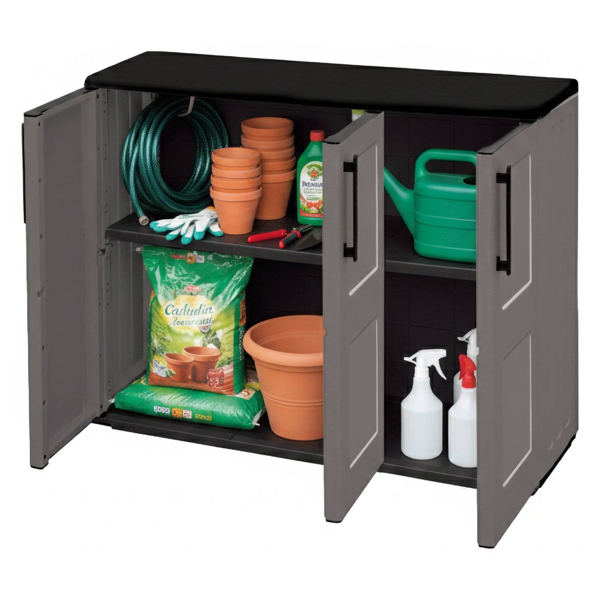 Dmora - Armoire d'extérieur Gesves, Armoire de balcon polyvalente, Armoire d'extérieur 3 portes, 102x37h84 cm, Gris et Noir, Finition à carreaux - Dmora