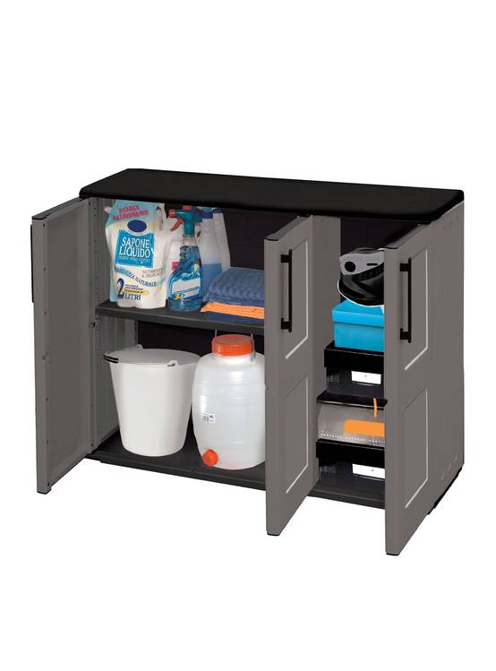 Dmora - Armoire d'extérieur Gesves, Armoire de balcon polyvalente, Armoire d'extérieur 3 portes, 102x37h84 cm, Gris et Noir, Finition à carreaux - Dmora - Image 4
