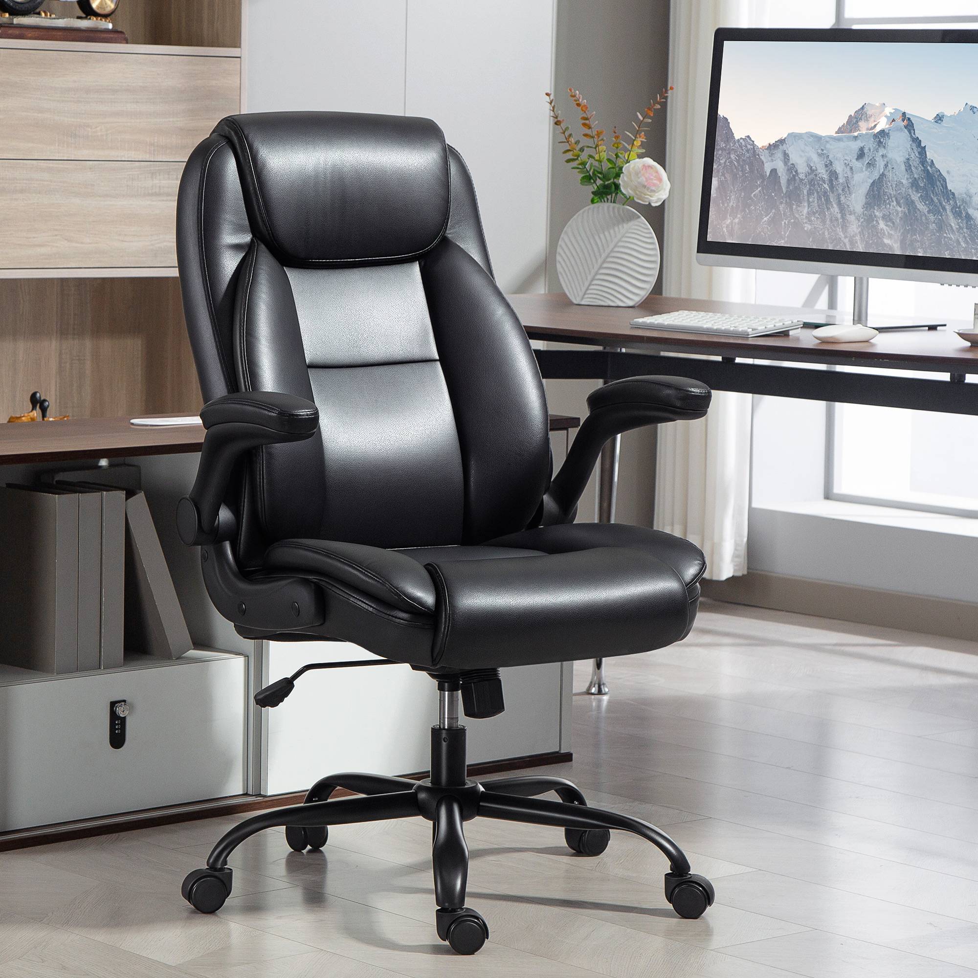Sans Marque - Fauteuil de bureau avec accoudoirs relevables, chaise de bureau ergonomique, hauteur réglable, fonction de bascule, noir - Image 4
