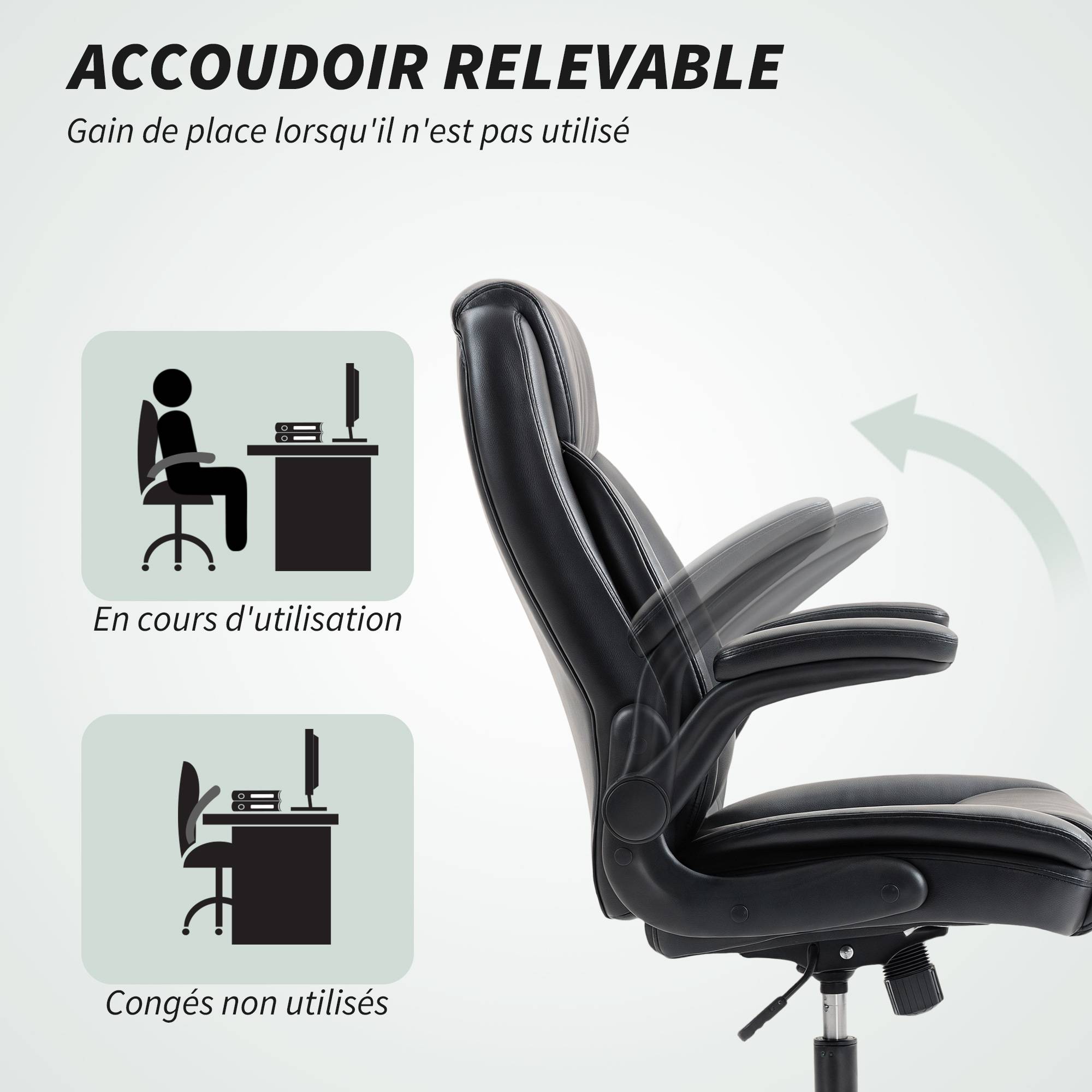Sans Marque - Fauteuil de bureau avec accoudoirs relevables, chaise de bureau ergonomique, hauteur réglable, fonction de bascule, noir - Image 8