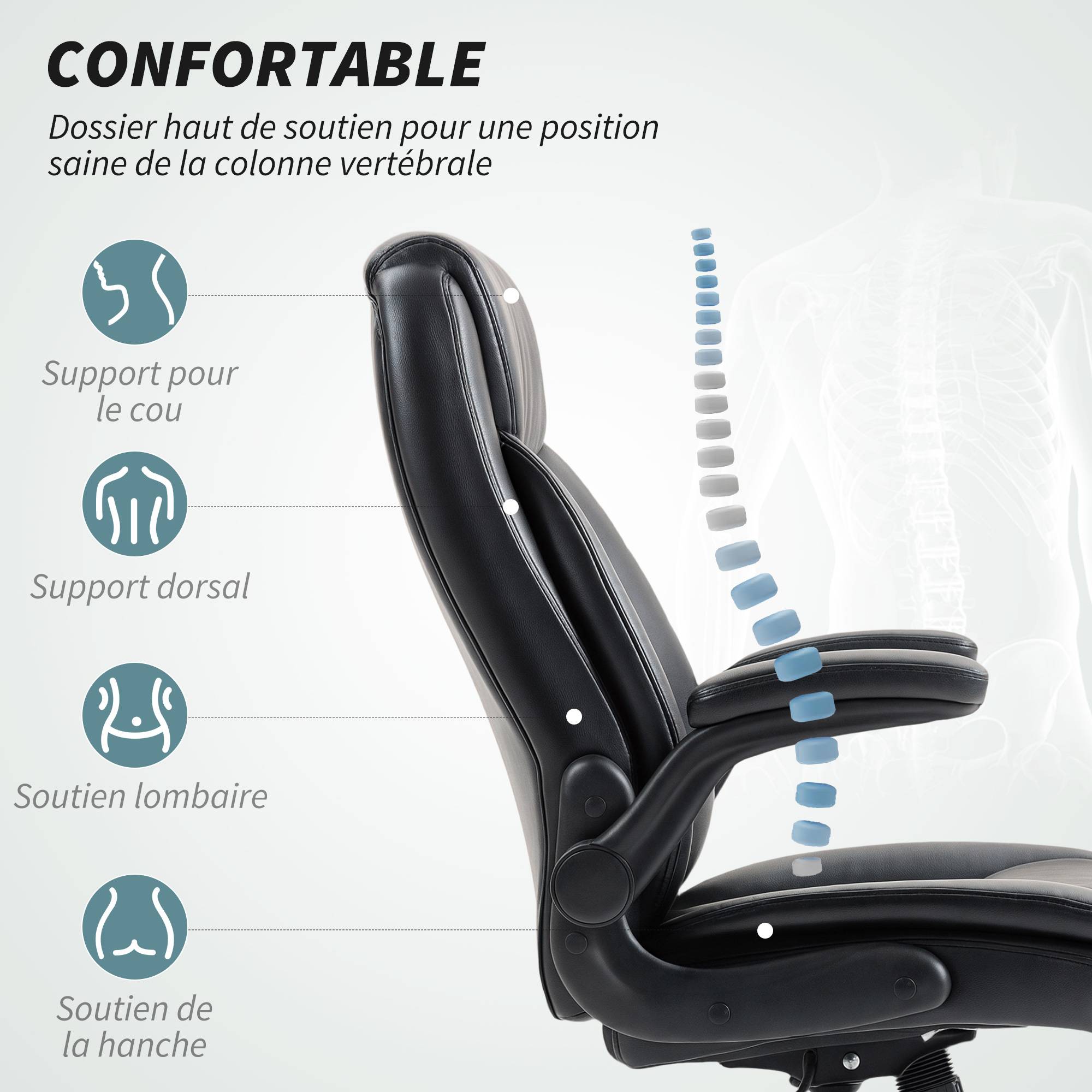 Sans Marque - Fauteuil de bureau avec accoudoirs relevables, chaise de bureau ergonomique, hauteur réglable, fonction de bascule, noir - Image 6
