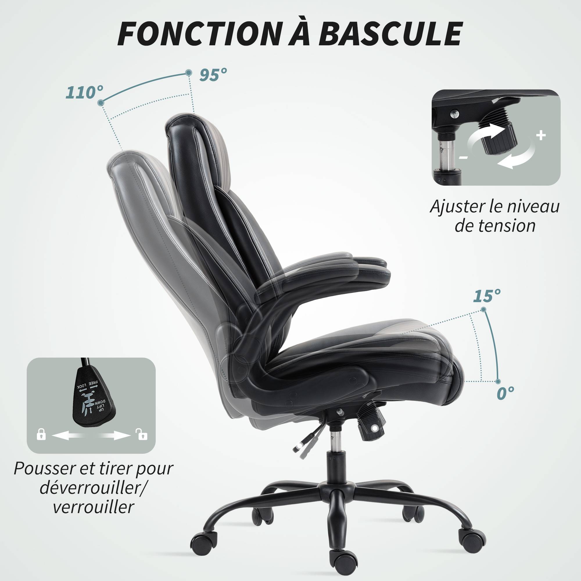 Sans Marque - Fauteuil de bureau avec accoudoirs relevables, chaise de bureau ergonomique, hauteur réglable, fonction de bascule, noir - Image 9