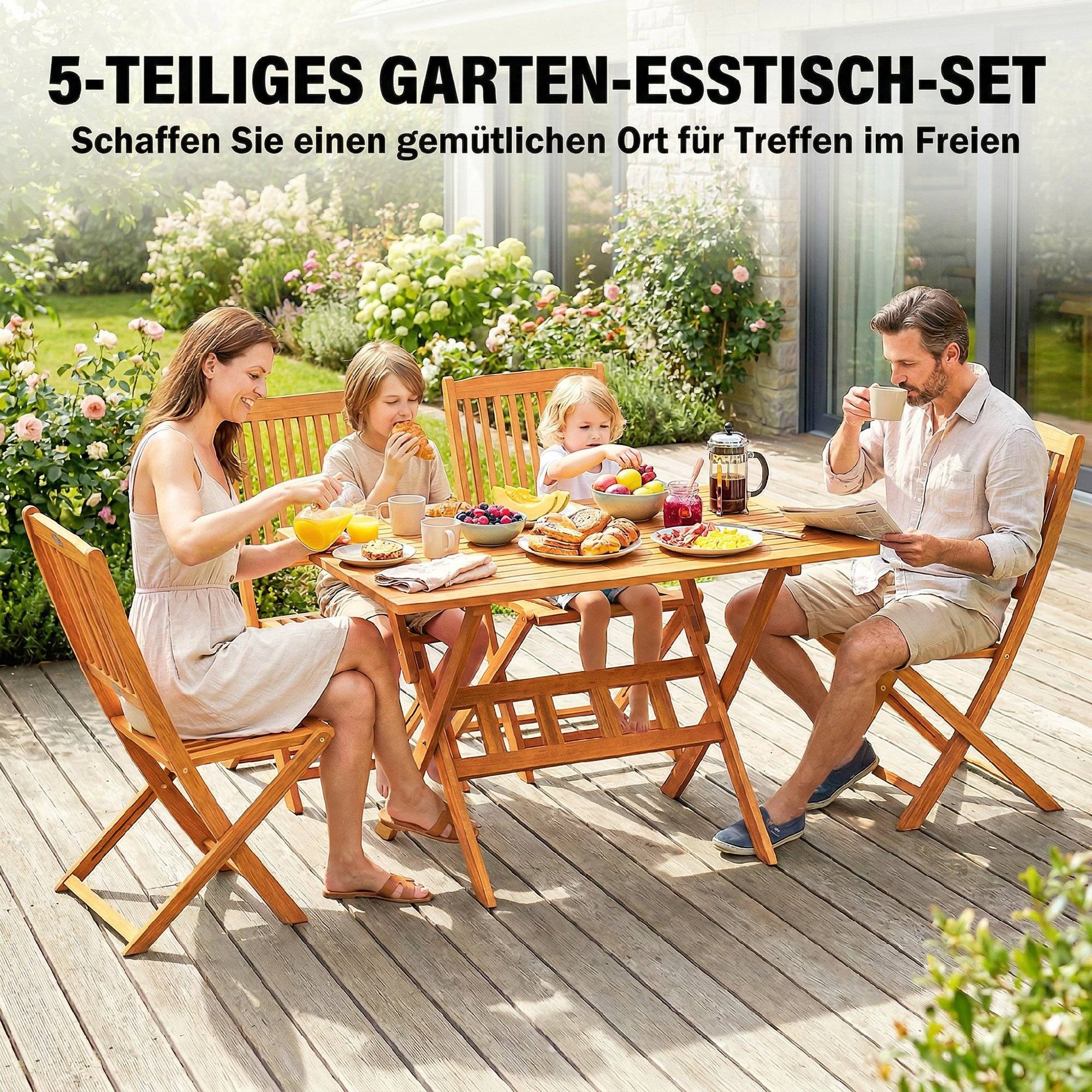 Ensemble de jardin 5 pièces en bois d’acacia, table pliante et 4 chaises pliables avec structure à lattes - Image 4