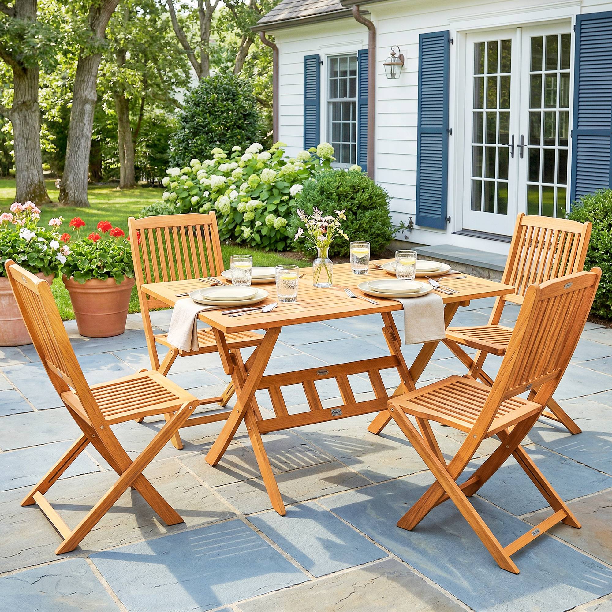 Ensemble de jardin 5 pièces en bois d’acacia, table pliante et 4 chaises pliables avec structure à lattes - Image 9