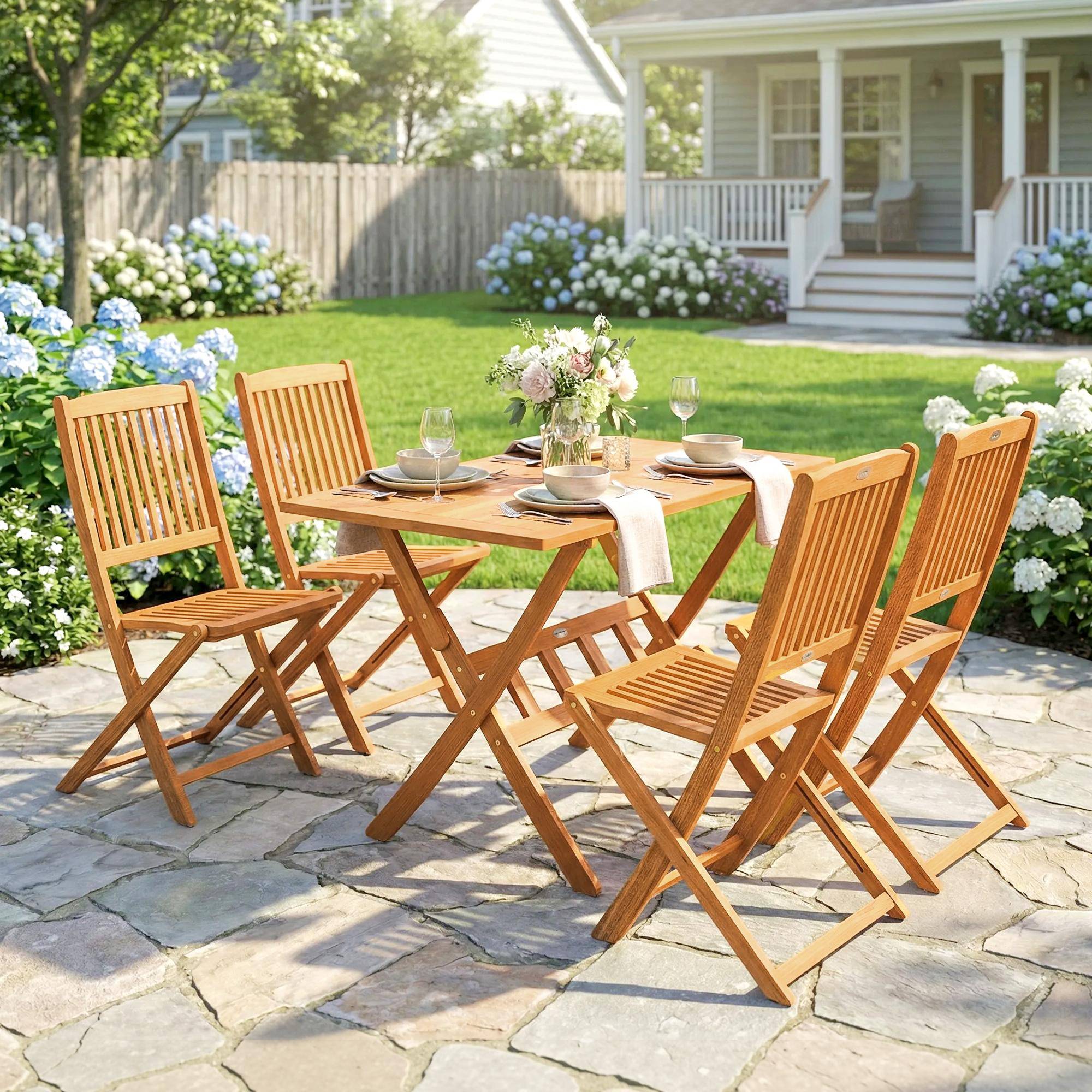 Ensemble de jardin 5 pièces en bois d’acacia, table pliante et 4 chaises pliables avec structure à lattes - Image 2