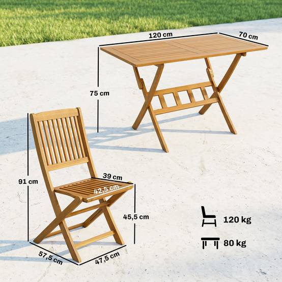 Ensemble de jardin 5 pièces en bois d’acacia, table pliante et 4 chaises pliables avec structure à lattes - Image 3