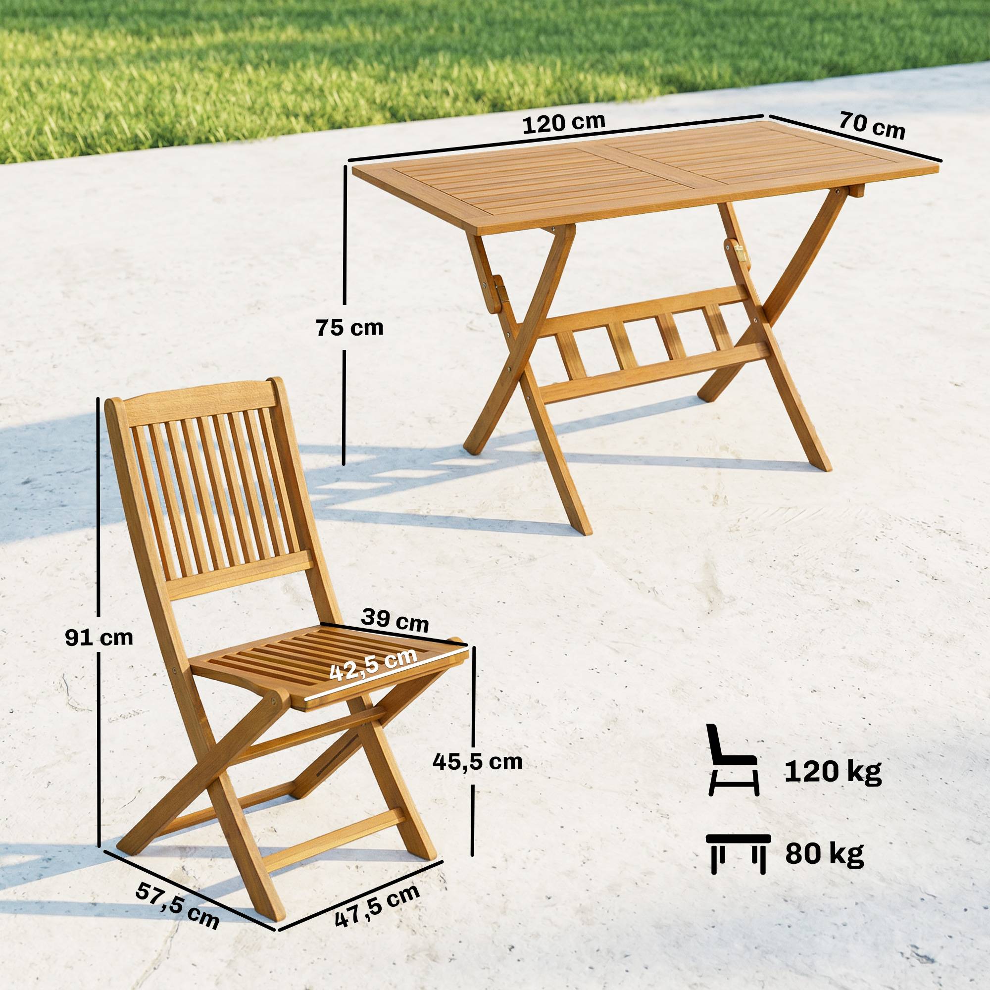 Ensemble de jardin 5 pièces en bois d’acacia, table pliante et 4 chaises pliables avec structure à lattes - Image 3