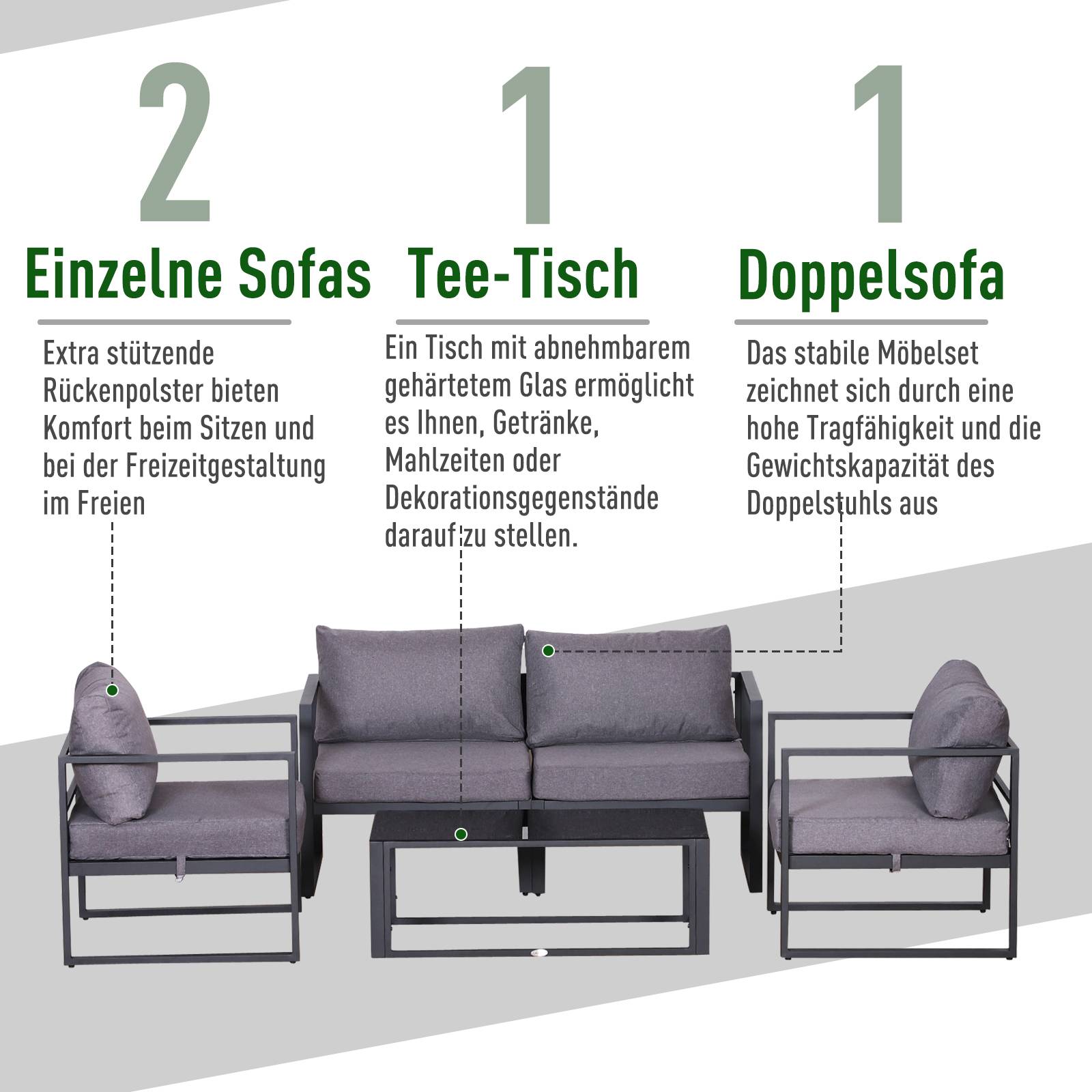 Ensemble de mobilier de jardin 4 pièces, canapé avec coussins et table avec rangement, polyester Gris, 138 x 69 x 63 cm - Image 5