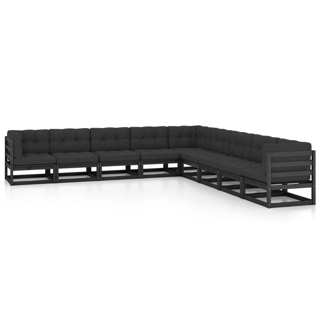 Helloshop26 - Salon de jardin meuble d'extérieur ensemble de mobilier 9 pièces avec coussins noir bois de pin massif - Image 1