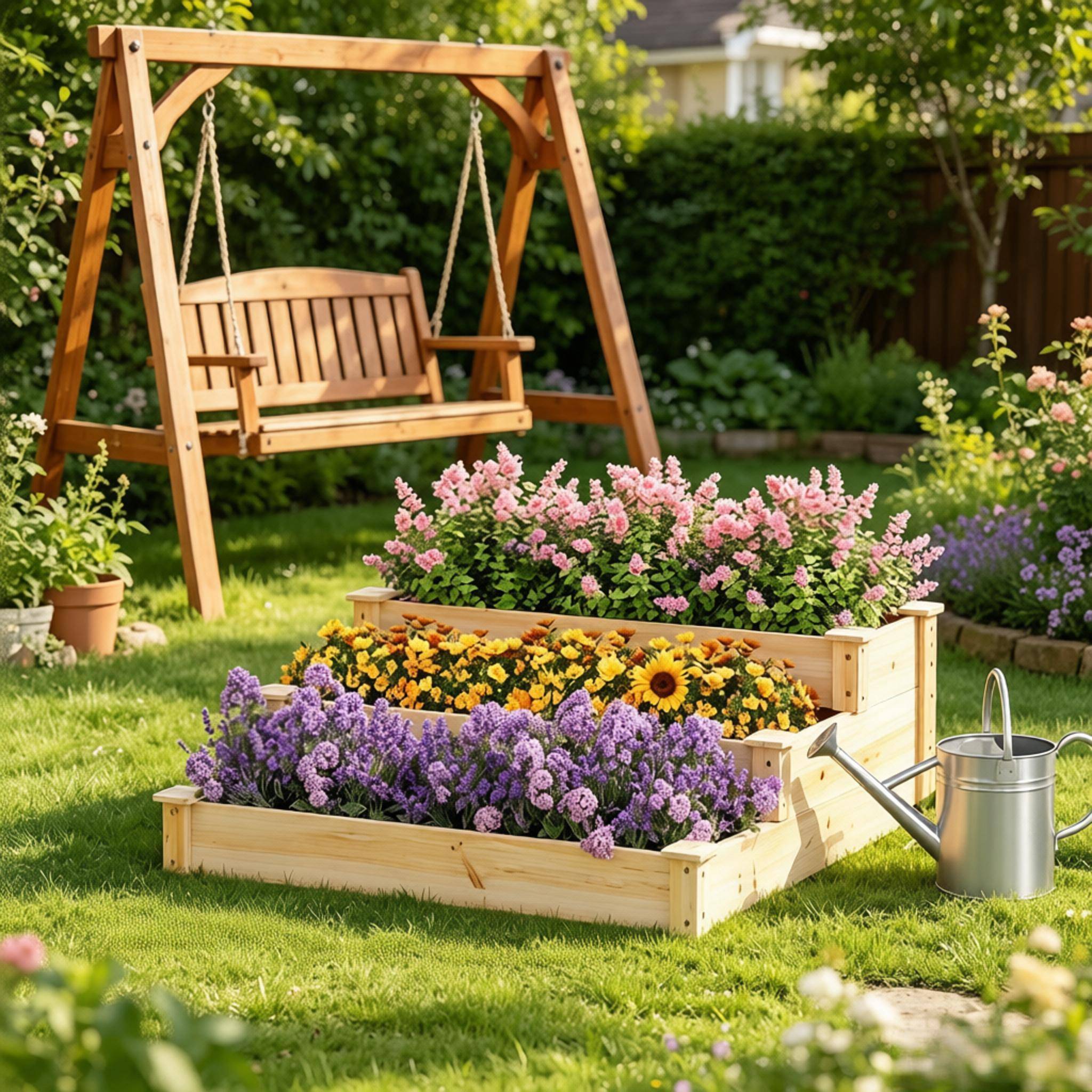 Carré potager bois massif 3 niveaux en escalier pour jardin 92x92x35 cm naturel - ComfortXL Outdoor Living - Image 3