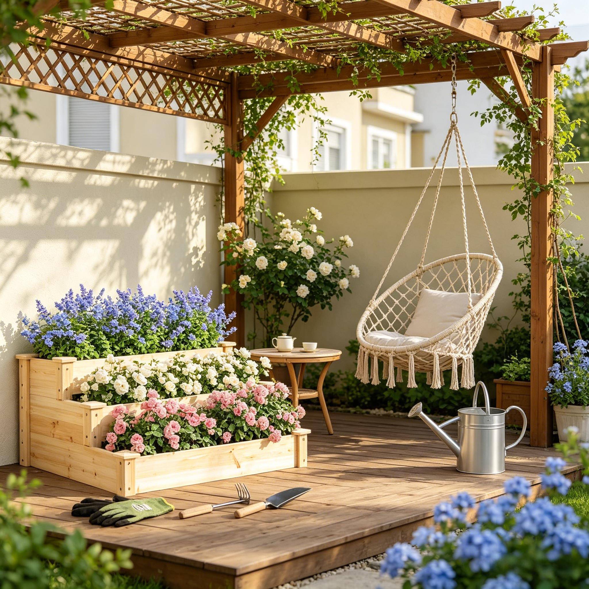 Carré potager bois massif 3 niveaux en escalier pour jardin 92x92x35 cm naturel - ComfortXL Outdoor Living - Image 1