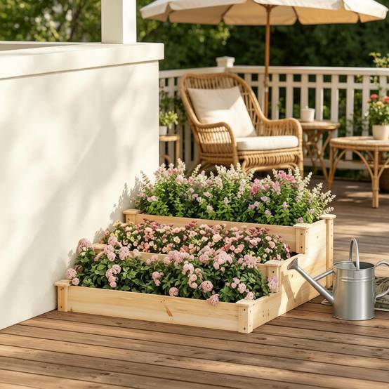 Carré potager bois massif 3 niveaux en escalier pour jardin 92x92x35 cm naturel - ComfortXL Outdoor Living - Image 4